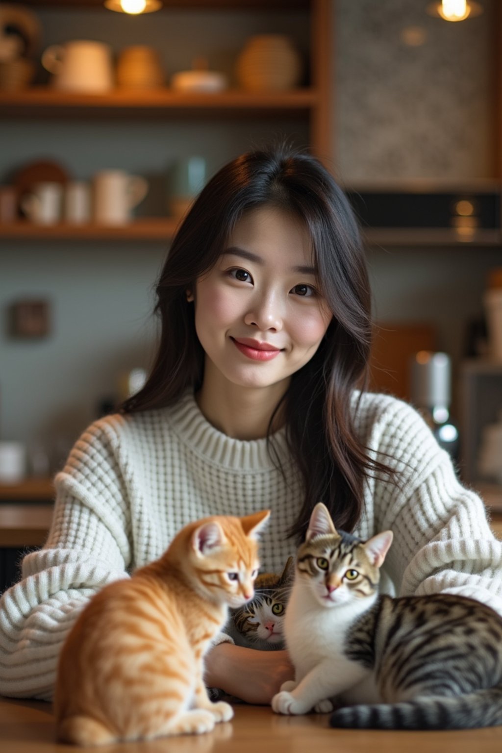 woman in a Cat Cafe with many cute Cats and Kittens around them