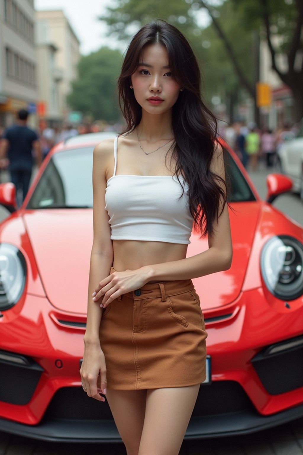 woman  wearing mini skirt posing in front of a sports car