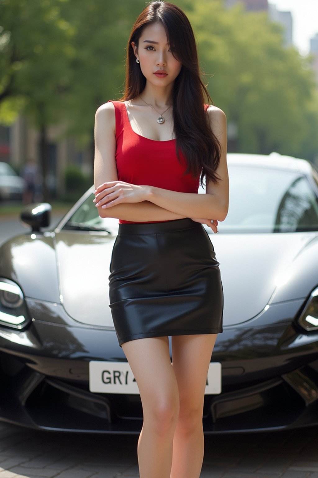 woman  wearing mini skirt posing in front of a sports car