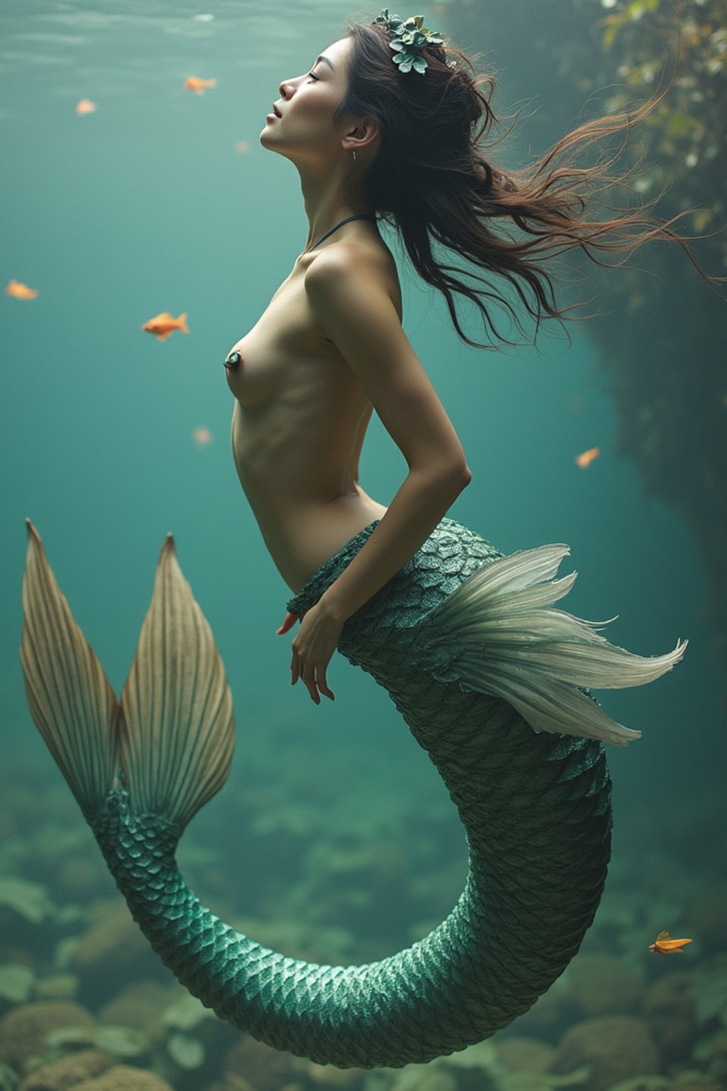 woman as a Mermaid the head and upper body of a human and the tail of a fish