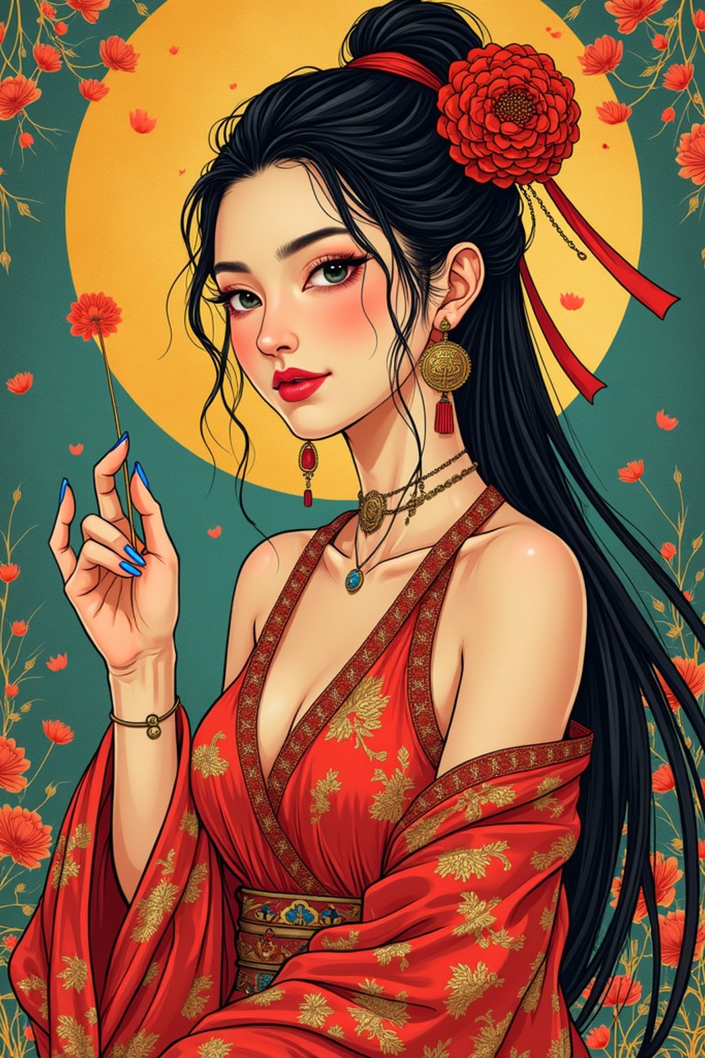 illustration of woman as Mythical Tarot Cardin the style of moebius and mohrbacher and rossdraws and ross tran and alphonse mucha and ayami kojima, pixar style, maya engine, splash comics style, tarot card style, art nouveau, rich bright colours