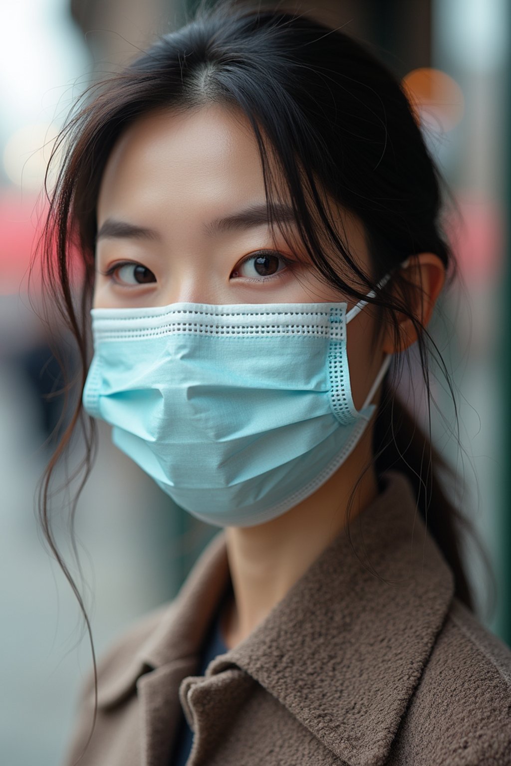 woman wearing a Covid n95 mask in 2020. outside