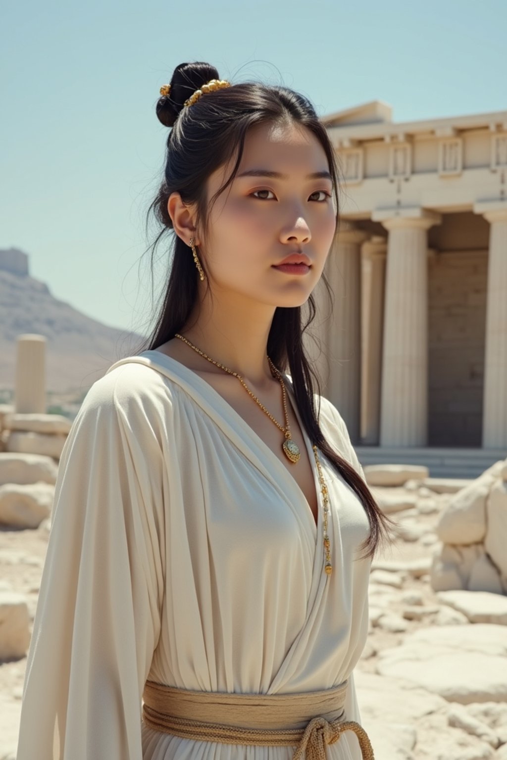 woman as Ancient Greek philosopher in 500 B.C., Ancient Roman white clean new temple in background