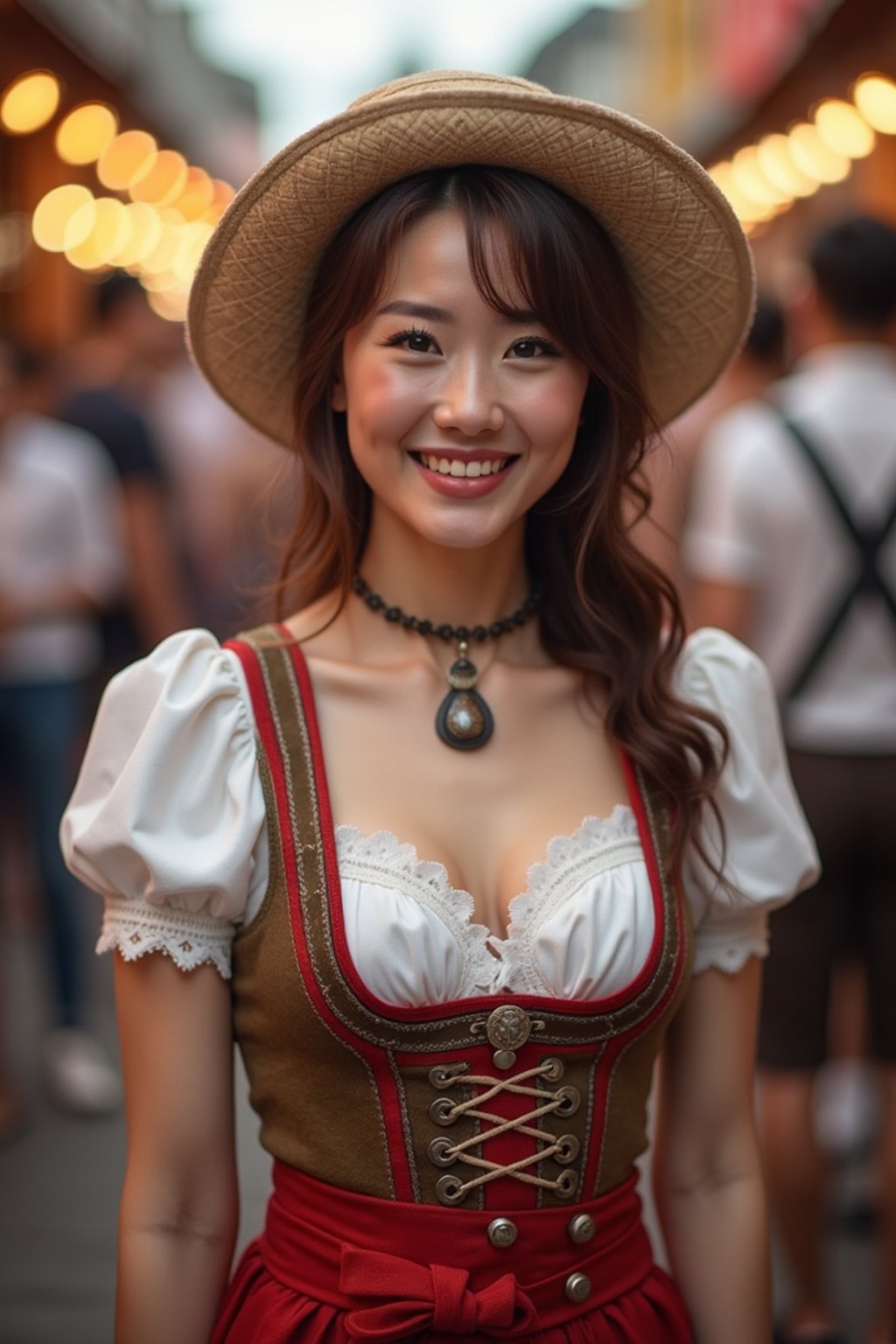 happy woman in Lederhosen for Oktoberfest at Oktoberfest