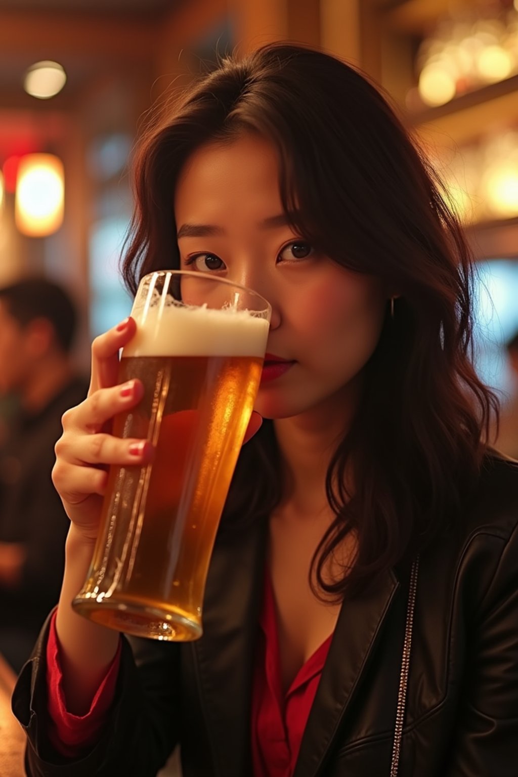 woman in a busy bar drinking beer. holding an intact pint glass mug of beer