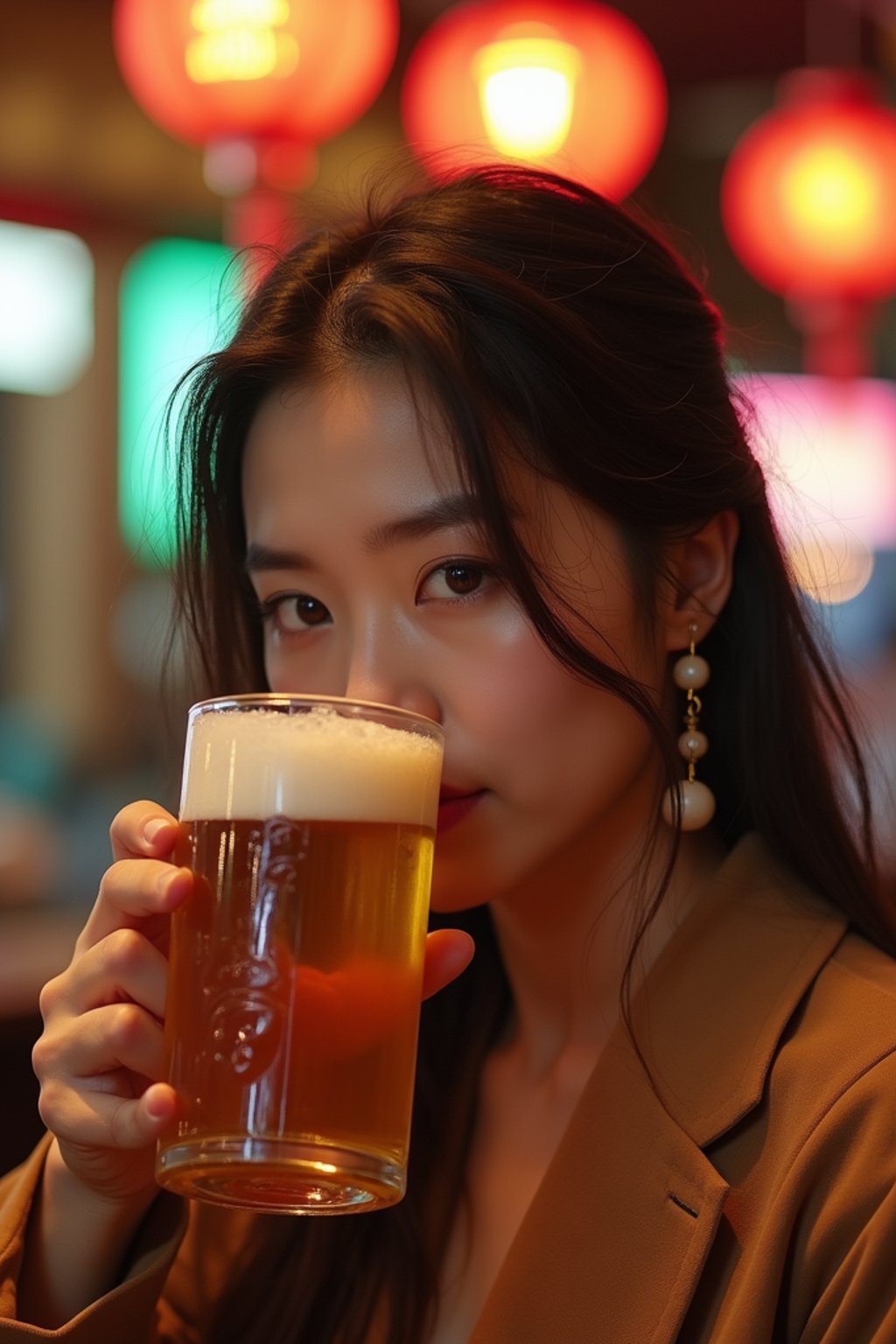 woman in a busy bar drinking beer. holding an intact pint glass mug of beer