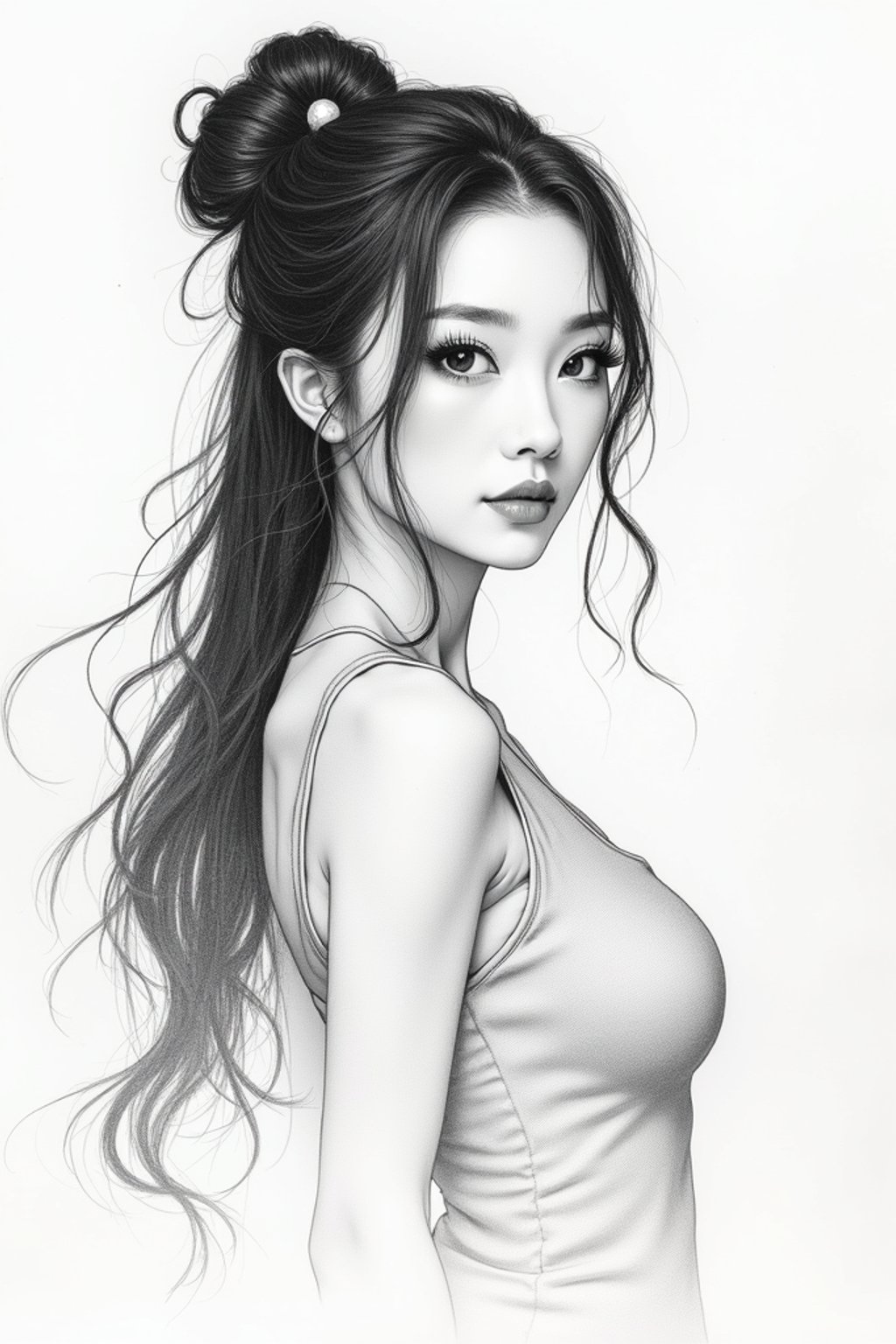 woman drawn as line art sketch with pencil. fine details. extremely detailed