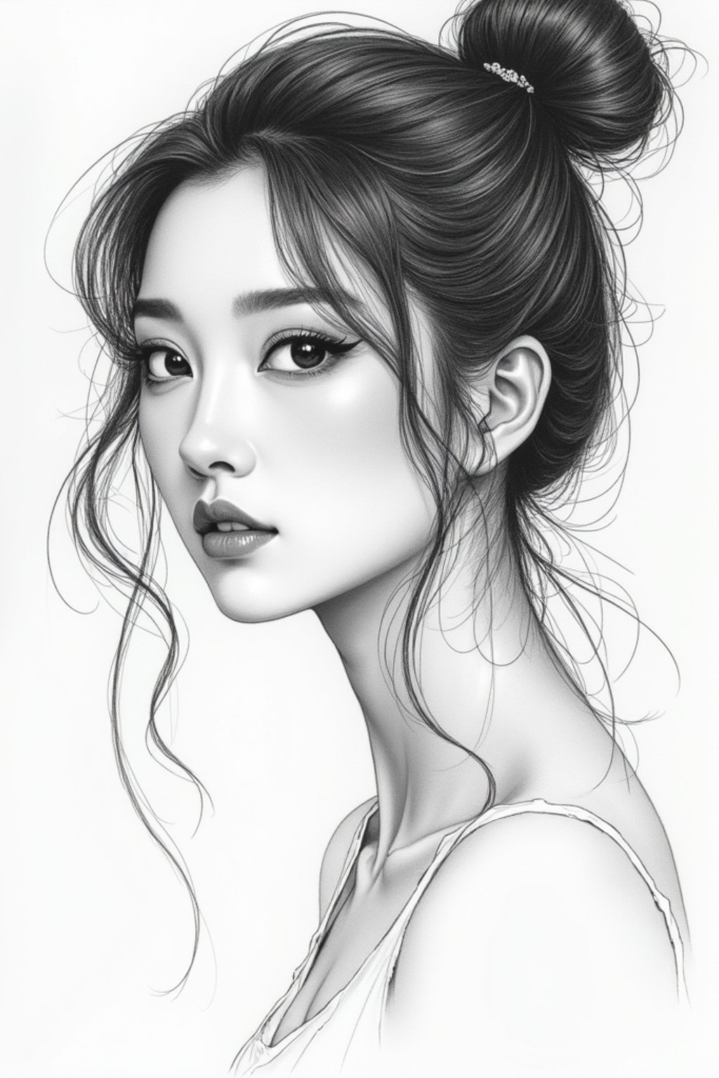 woman drawn as line art sketch with pencil. fine details. extremely detailed