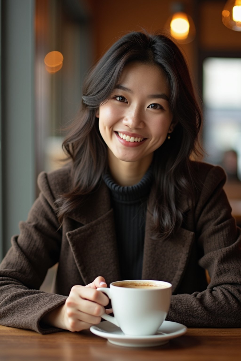 woman in hipster coffee place with coffee cup on table