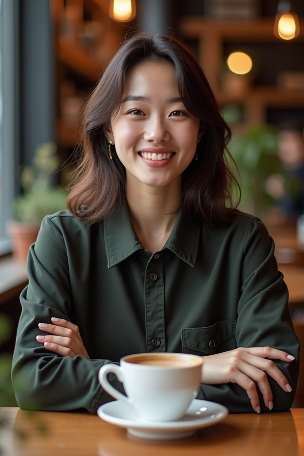 woman in hipster coffee place with coffee cup on table