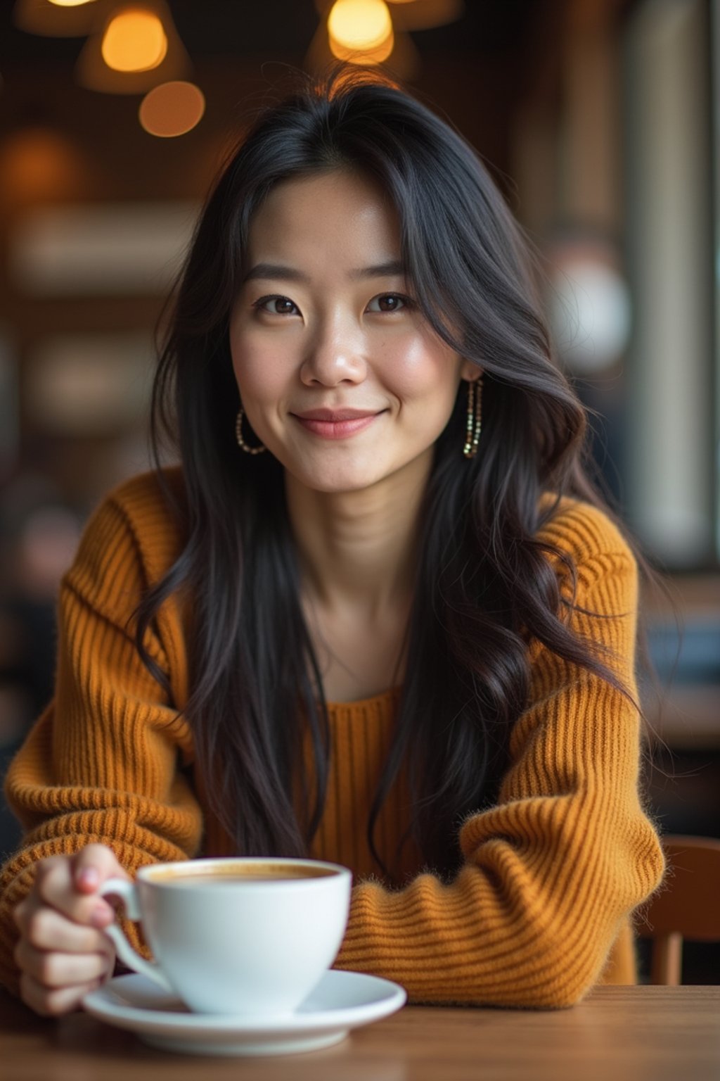 woman in hipster coffee place with coffee cup on table