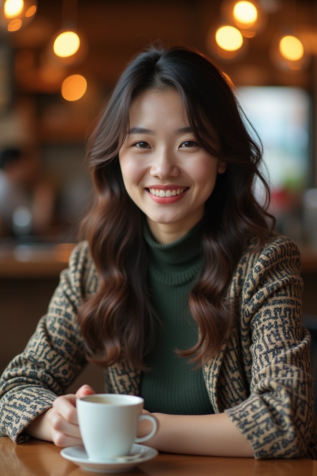 woman in hipster coffee place with coffee cup on table