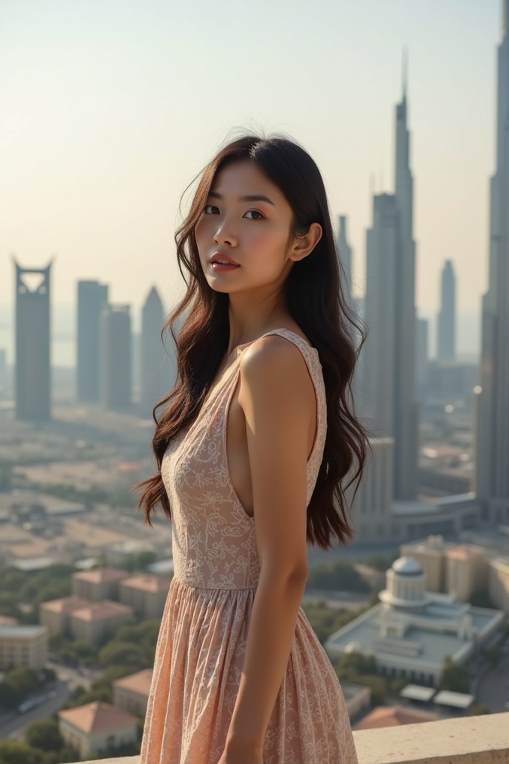 woman standing in front of city skyline viewpoint in Dubai with city skyline in background