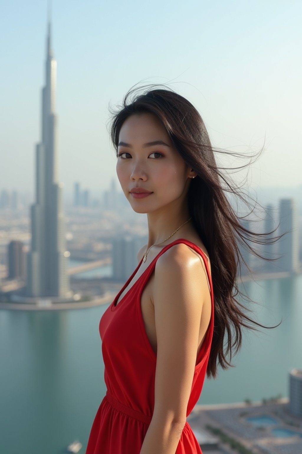 woman standing in front of city skyline viewpoint in Dubai with city skyline in background