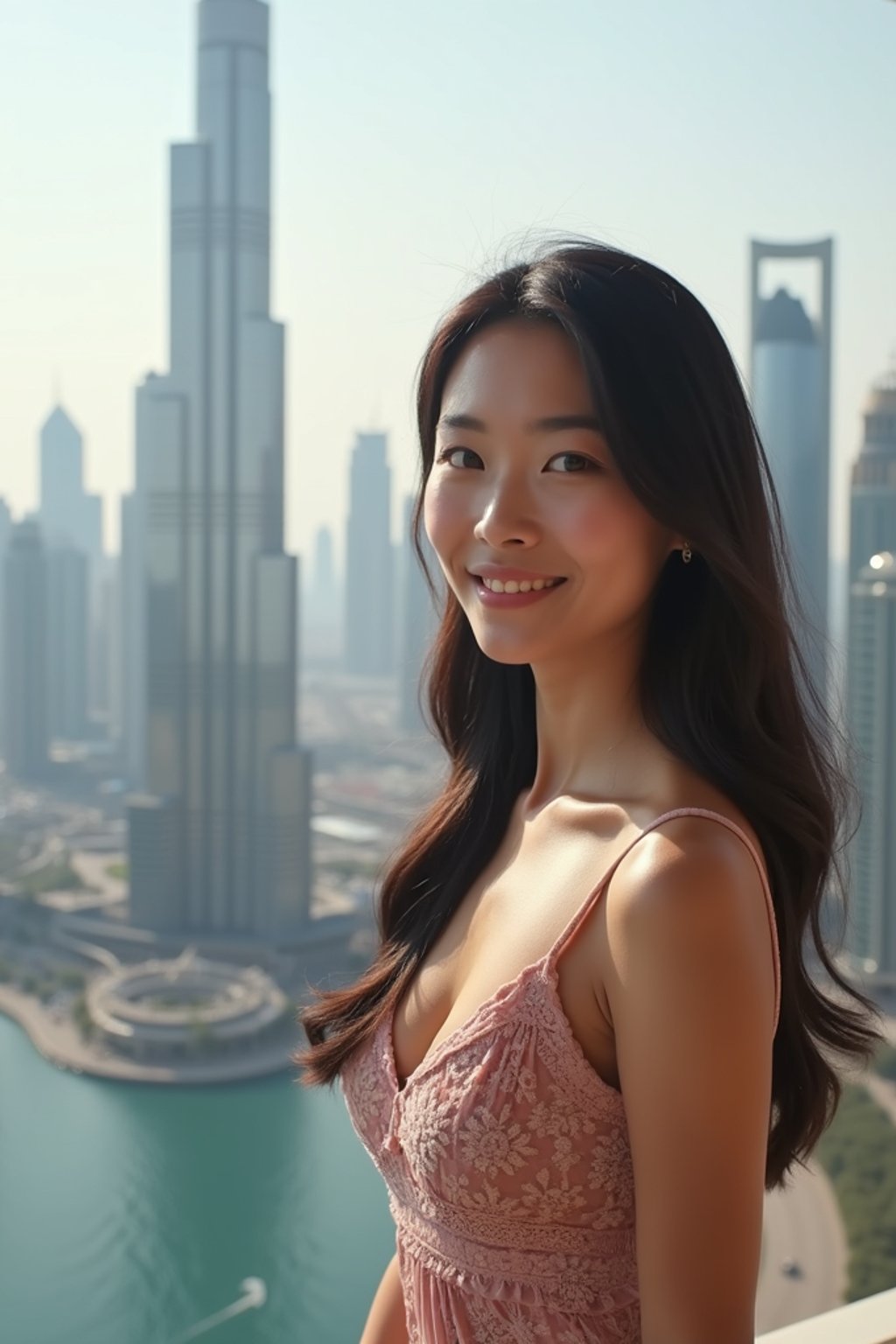 woman standing in front of city skyline viewpoint in Dubai with city skyline in background