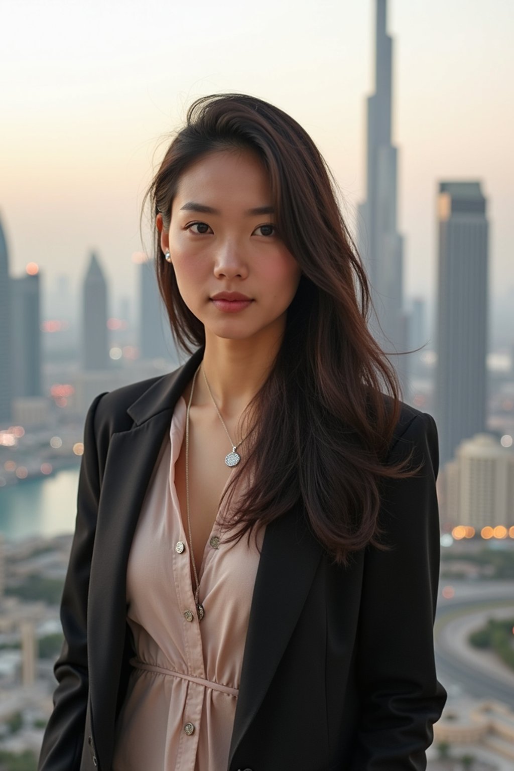 woman standing in front of city skyline viewpoint in Dubai with city skyline in background