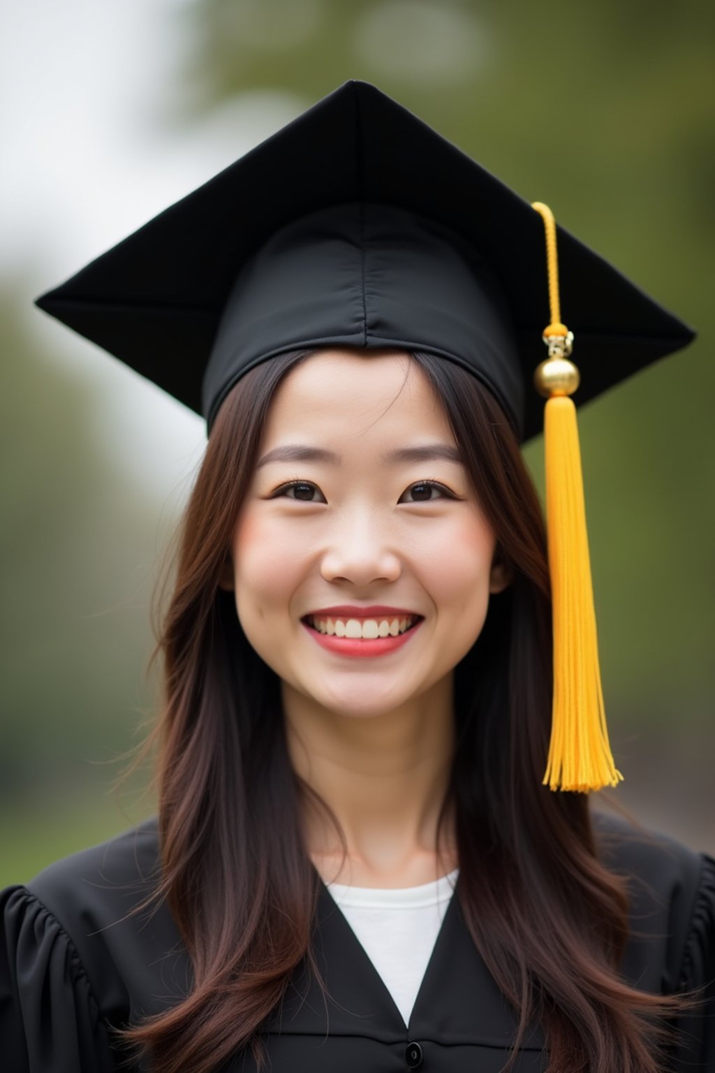 happy  woman in Graduation Ceremony wearing a square black Graduation Cap with yellow tassel at college