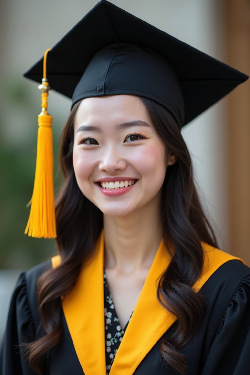 happy  woman in Graduation Ceremony wearing a square black Graduation Cap with yellow tassel at college