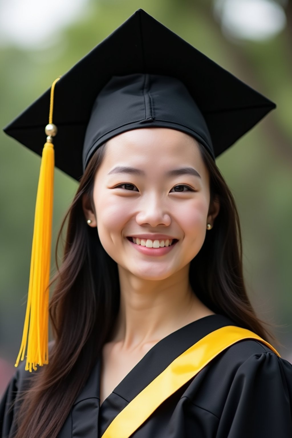 happy  woman in Graduation Ceremony wearing a square black Graduation Cap with yellow tassel at college