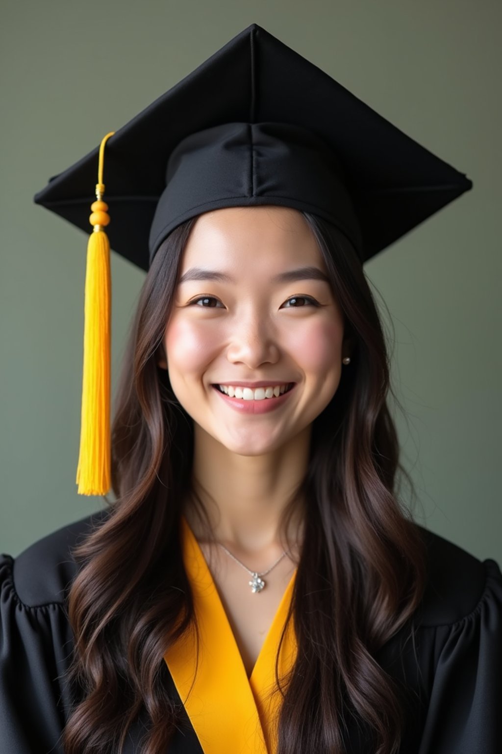 happy  woman in Graduation Ceremony wearing a square black Graduation Cap with yellow tassel at college