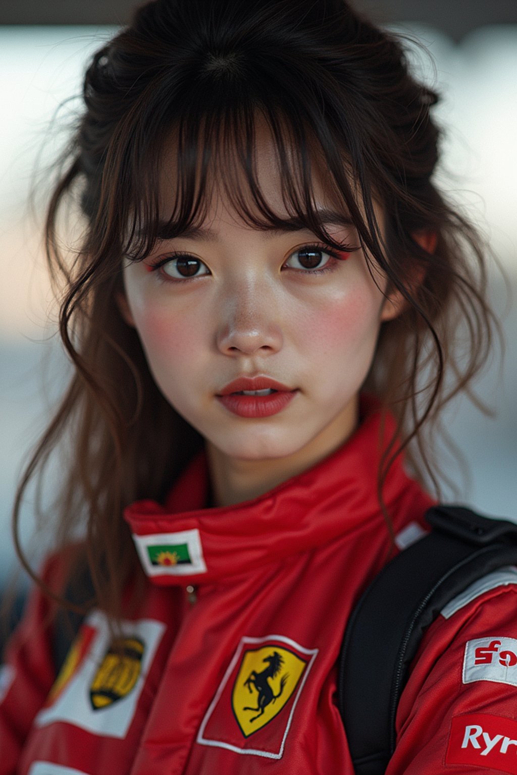 Ultra realistic photograph of woman as Formula 1 race driver