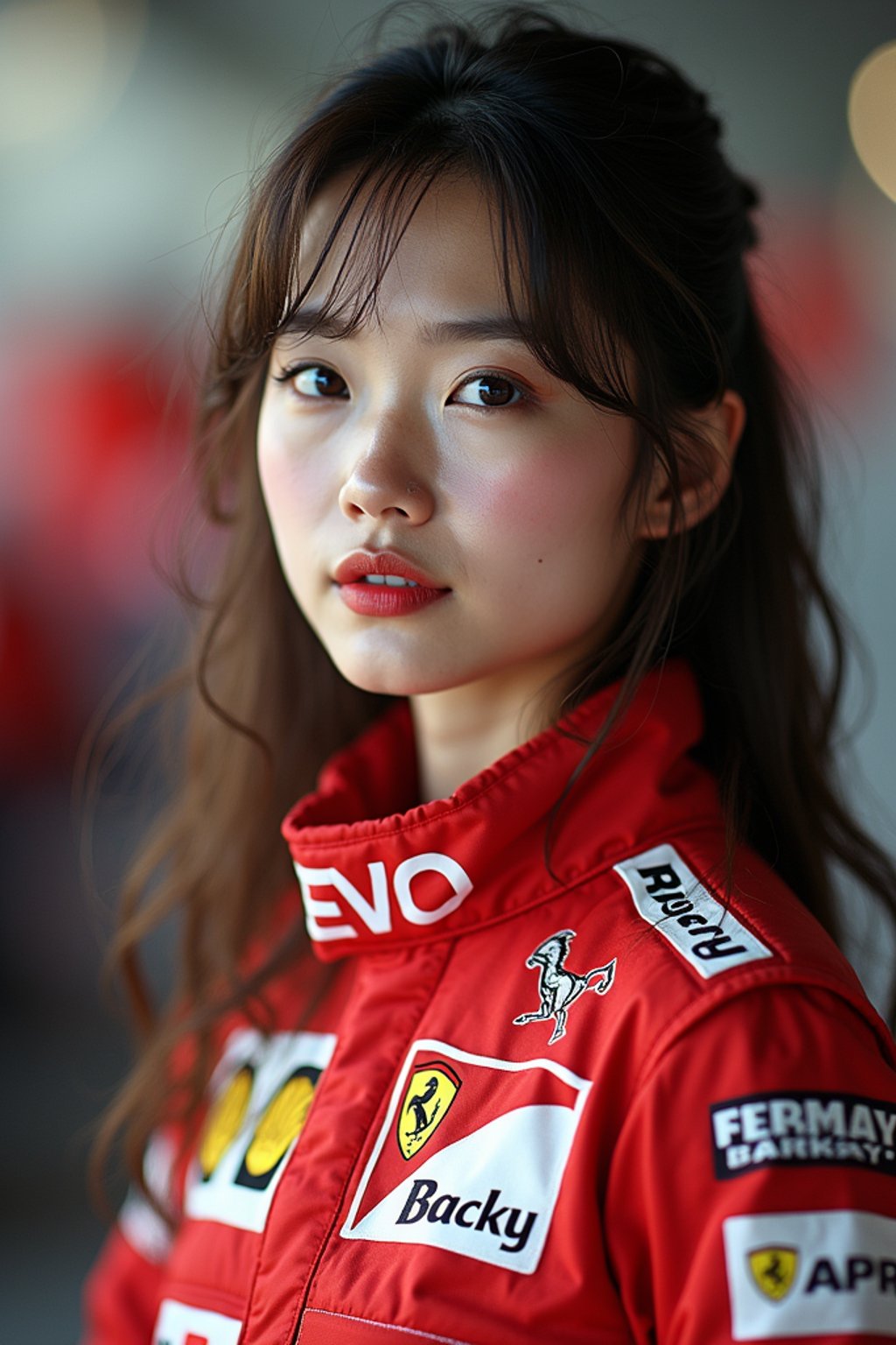 Ultra realistic photograph of woman as Formula 1 race driver