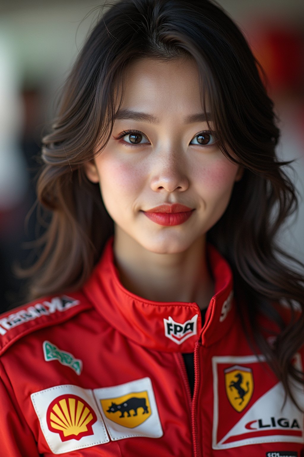 Ultra realistic photograph of woman as Formula 1 race driver