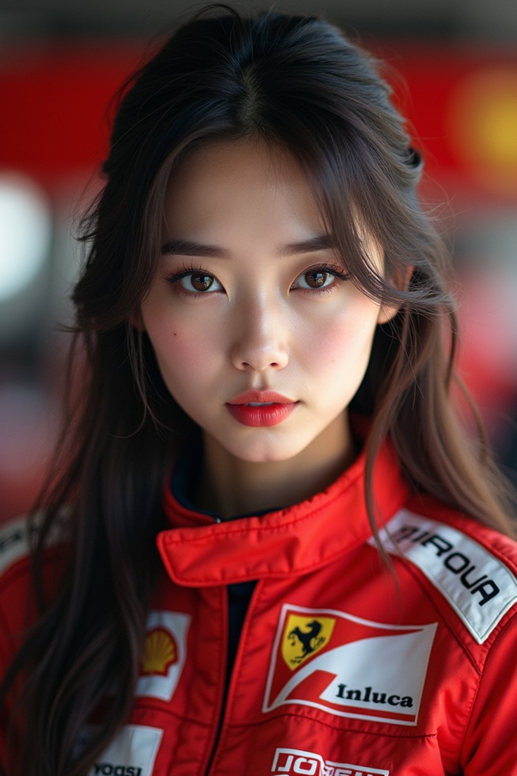 Ultra realistic photograph of woman as Formula 1 race driver