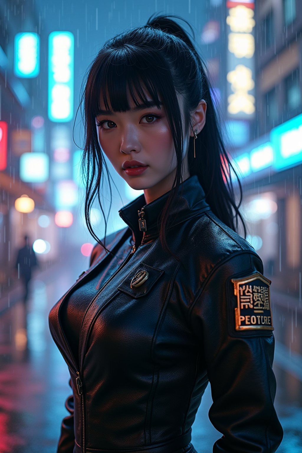 woman as futuristic beautiful cyberpunk police officer, in heavy rainning futuristic tokyo rooftop cyberpunk night, ssci-fi, fantasy, intricate, very very beautiful, elegant, neon light, highly detailed, digital painting, artstation, concept art, soft light, hdri, smooth, sharp focus, illustration, art by tian zi and craig mullins and wlop and alphonse mucha