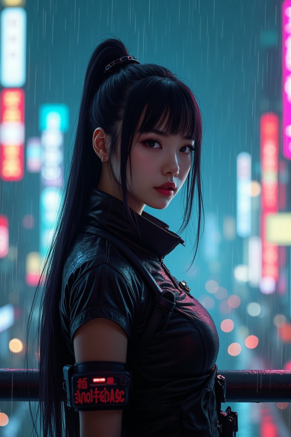 woman as futuristic beautiful cyberpunk police officer, in heavy rainning futuristic tokyo rooftop cyberpunk night, ssci-fi, fantasy, intricate, very very beautiful, elegant, neon light, highly detailed, digital painting, artstation, concept art, soft light, hdri, smooth, sharp focus, illustration, art by tian zi and craig mullins and wlop and alphonse mucha