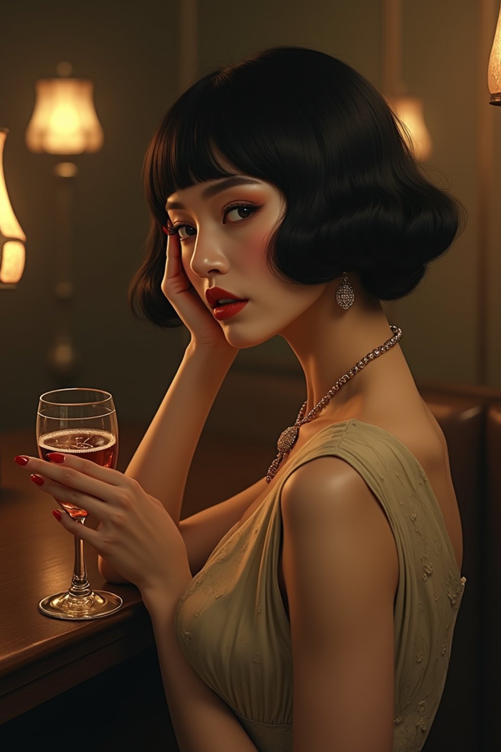 woman, dimly lit upscale 1920s speakeasy, relaxed pose, fantasy, art deco, detailed painterly digital art style by coles phillips and alfred charles parker, 🍸🍋