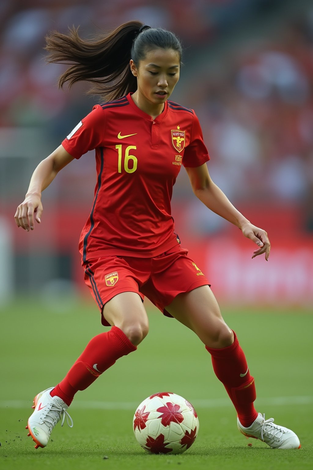 woman as Football Player in the FIFA World Cup playing in a Football Match