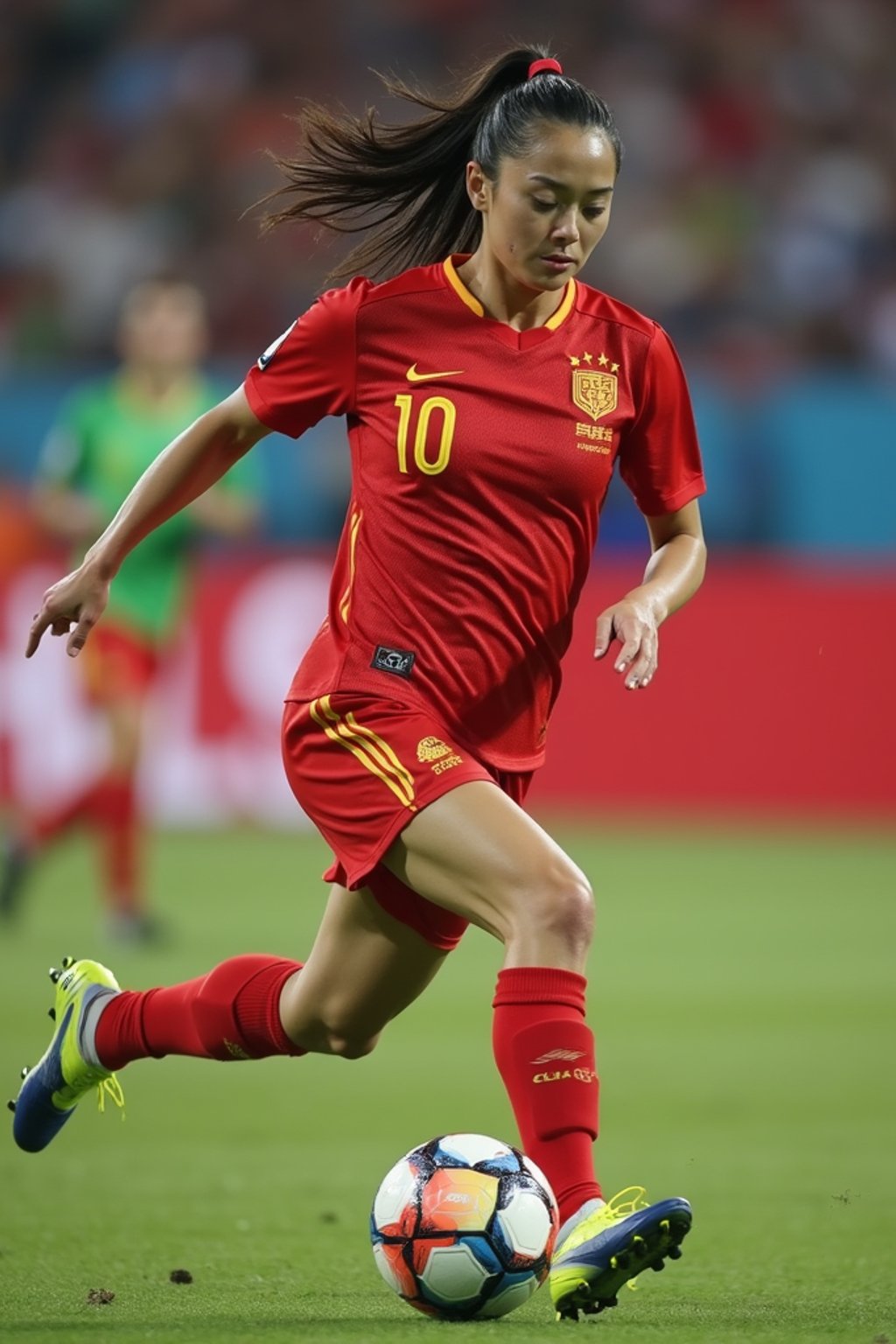 woman as Football Player in the FIFA World Cup playing in a Football Match