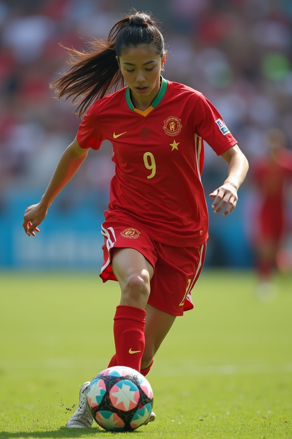 woman as Football Player in the FIFA World Cup playing in a Football Match