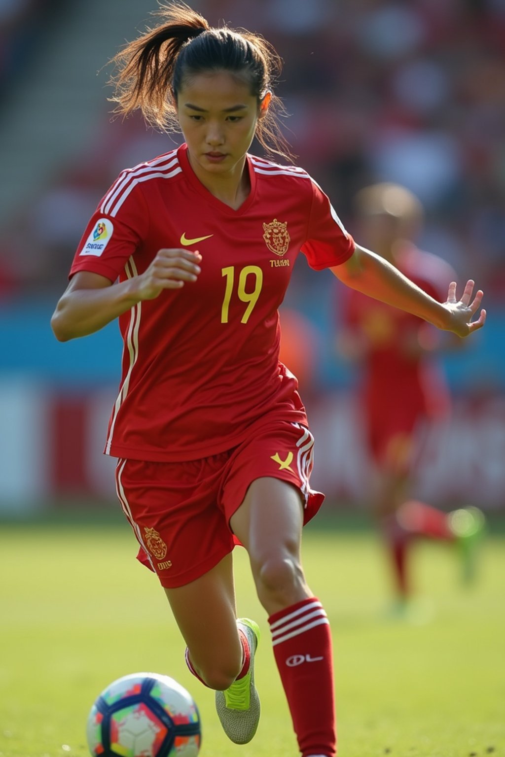 woman as Football Player in the FIFA World Cup playing in a Football Match