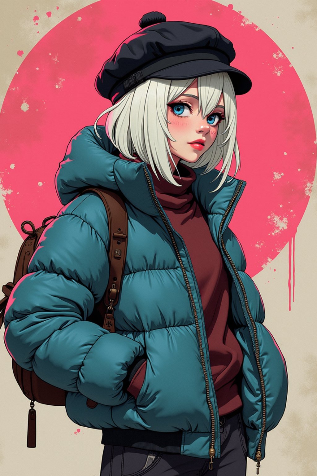 full body of a street punk woman student, blue eyes, bubble jacket, hat, white hair by atey ghailan, by greg rutkowski, by greg tocchini, by james gilleard, by joe fenton, by kaethe butcher, gradient pink, black, brown and light blue color scheme, grunge aesthetic