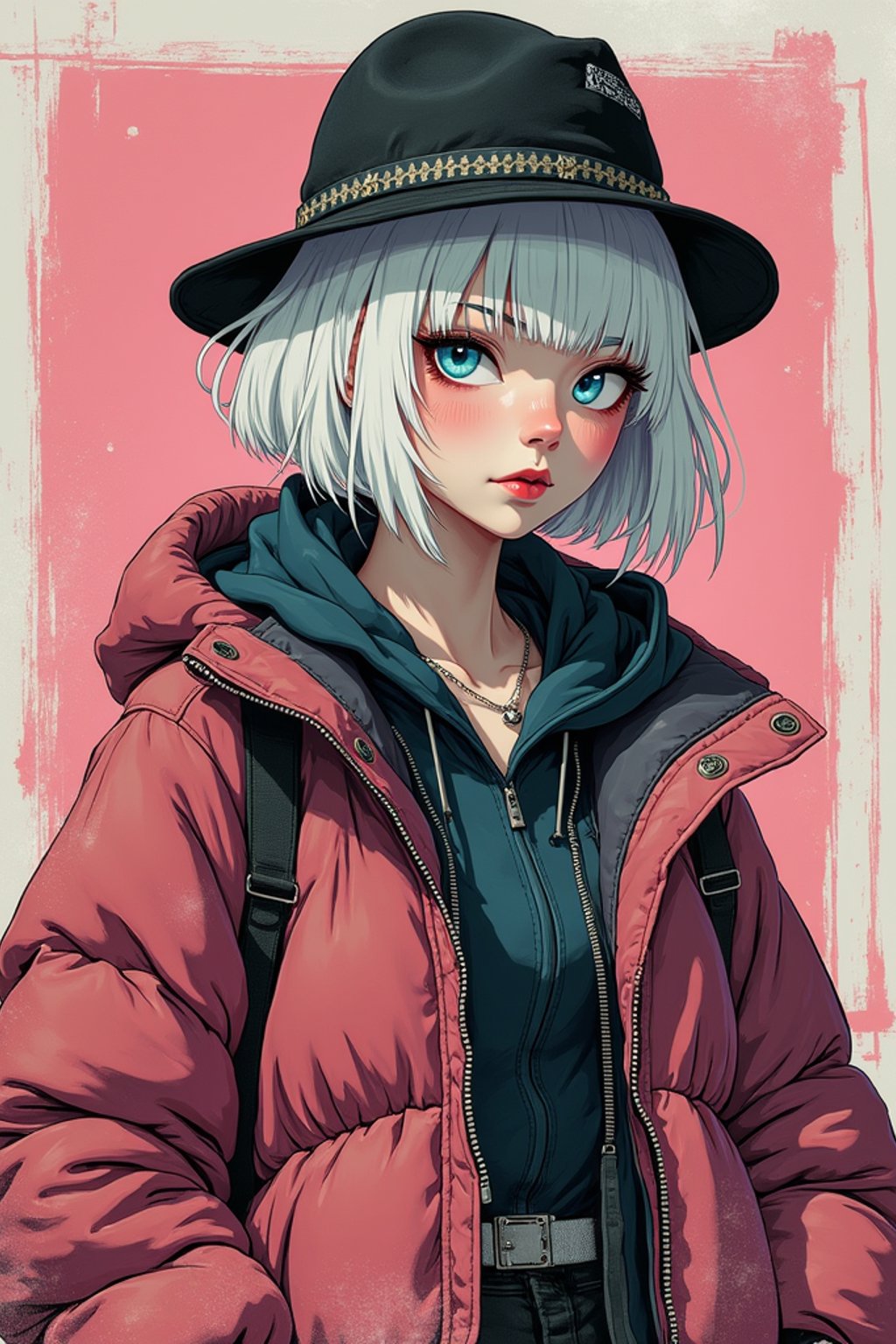 full body of a street punk woman student, blue eyes, bubble jacket, hat, white hair by atey ghailan, by greg rutkowski, by greg tocchini, by james gilleard, by joe fenton, by kaethe butcher, gradient pink, black, brown and light blue color scheme, grunge aesthetic