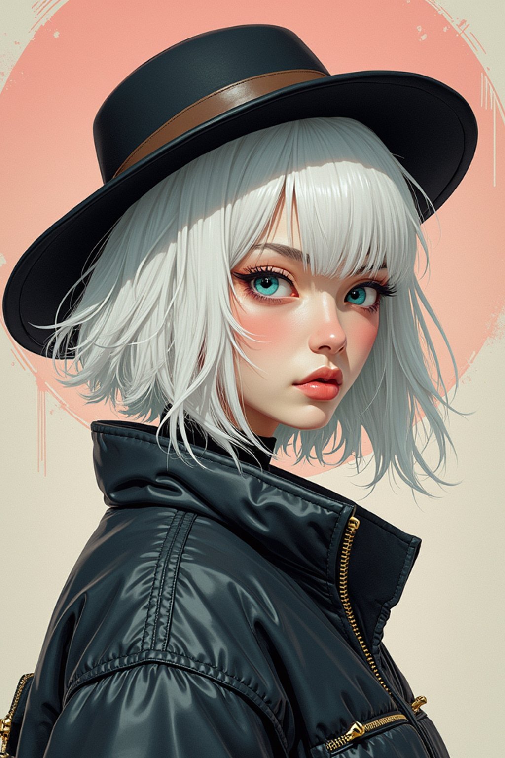 full body of a street punk woman student, blue eyes, bubble jacket, hat, white hair by atey ghailan, by greg rutkowski, by greg tocchini, by james gilleard, by joe fenton, by kaethe butcher, gradient pink, black, brown and light blue color scheme, grunge aesthetic