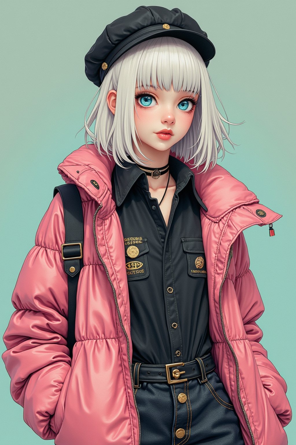 full body of a street punk woman student, blue eyes, bubble jacket, hat, white hair by atey ghailan, by greg rutkowski, by greg tocchini, by james gilleard, by joe fenton, by kaethe butcher, gradient pink, black, brown and light blue color scheme, grunge aesthetic