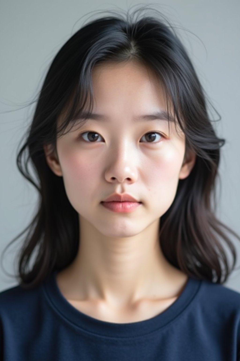 woman as official passport photo for government documents. wearing a dark blue navy t-shirt. photorealistic. light gray background. entire face visible. entire head visible