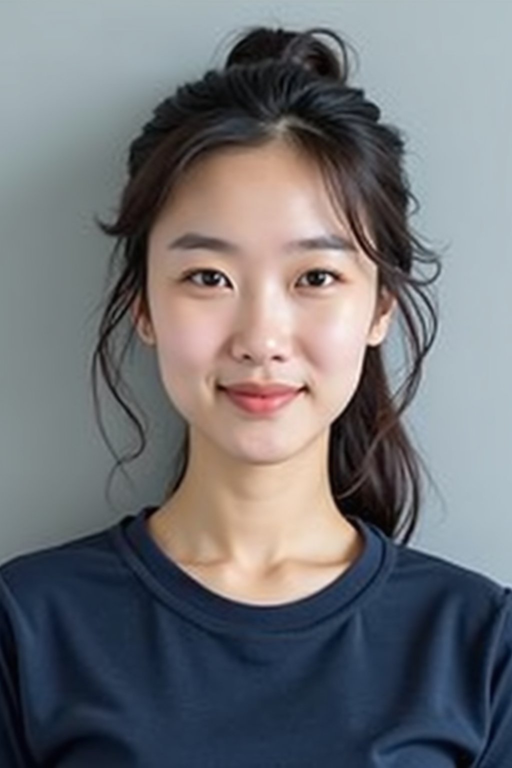 woman as official passport photo for government documents. wearing a dark blue navy t-shirt. photorealistic. light gray background. entire face visible. entire head visible