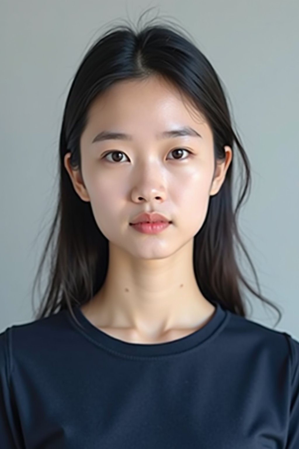 woman as official passport photo for government documents. wearing a dark blue navy t-shirt. photorealistic. light gray background. entire face visible. entire head visible