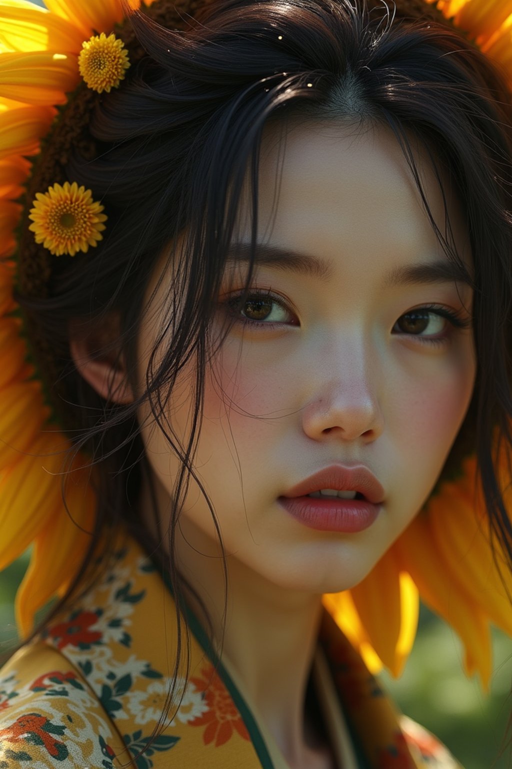 Close face shot of a woman with a sunflower in hair, summer season, moody scene,, intricate, sharp details, summer vibe, gorgeous scene by gaston bussiere, craig mullins, somber lighting, drawn by giacomo burattini, inspired by graphic novel cover art, hyperrealistic, 8 k by rhads