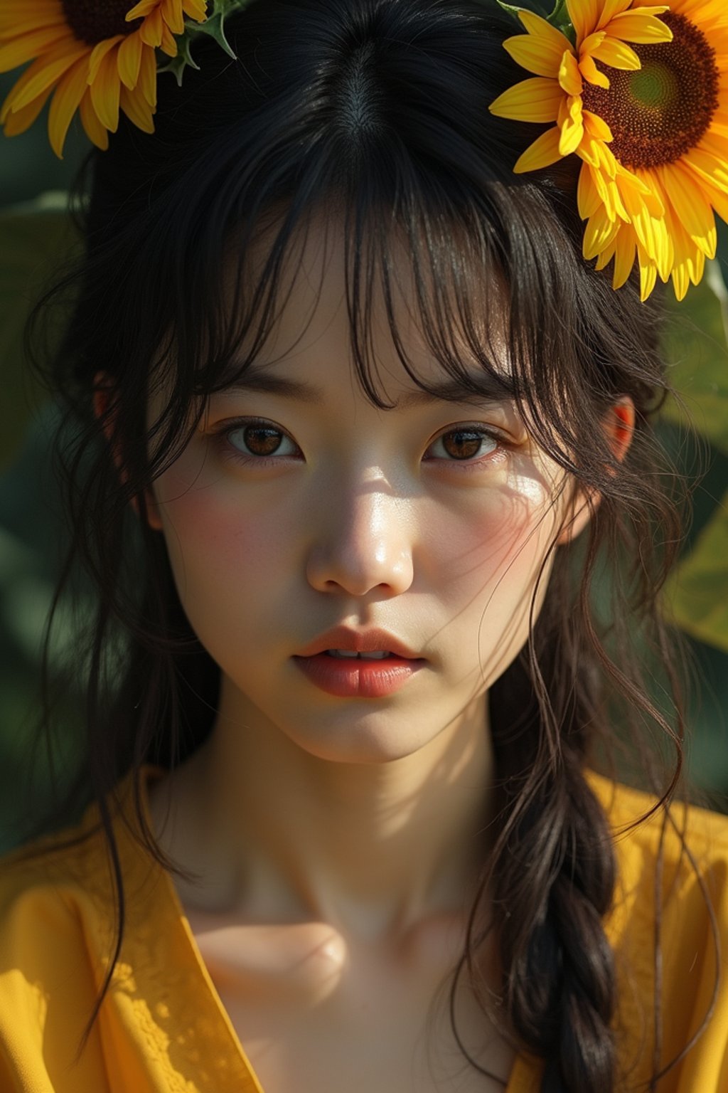 Close face shot of a woman with a sunflower in hair, summer season, moody scene,, intricate, sharp details, summer vibe, gorgeous scene by gaston bussiere, craig mullins, somber lighting, drawn by giacomo burattini, inspired by graphic novel cover art, hyperrealistic, 8 k by rhads