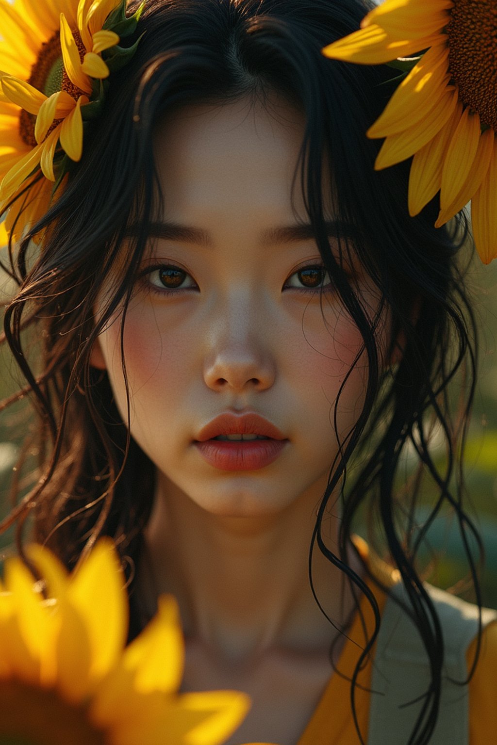 Close face shot of a woman with a sunflower in hair, summer season, moody scene,, intricate, sharp details, summer vibe, gorgeous scene by gaston bussiere, craig mullins, somber lighting, drawn by giacomo burattini, inspired by graphic novel cover art, hyperrealistic, 8 k by rhads