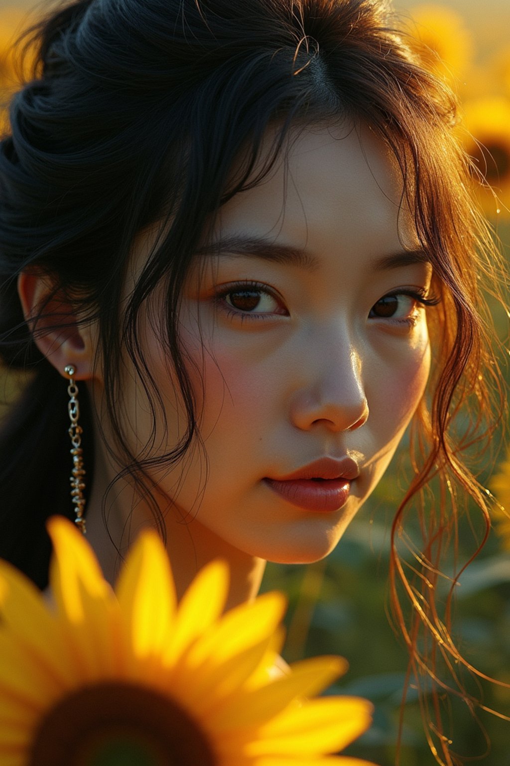 Close face shot of a woman with a sunflower in hair, summer season, moody scene,, intricate, sharp details, summer vibe, gorgeous scene by gaston bussiere, craig mullins, somber lighting, drawn by giacomo burattini, inspired by graphic novel cover art, hyperrealistic, 8 k by rhads