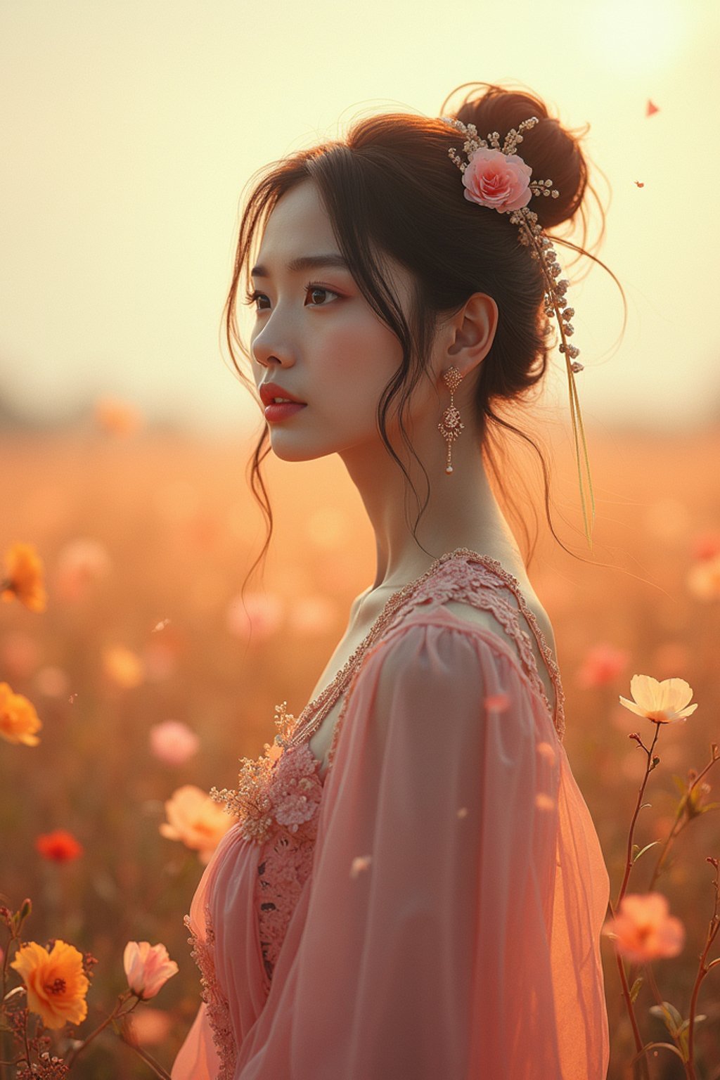 woman | standing in field full of flowers | detailed gorgeous face! ! | full body! ! | god rays | intricate | elegant | realistic | hyperrealistic | cinematic | character design | concept art | illustration | digital art | digital painting | depth of field