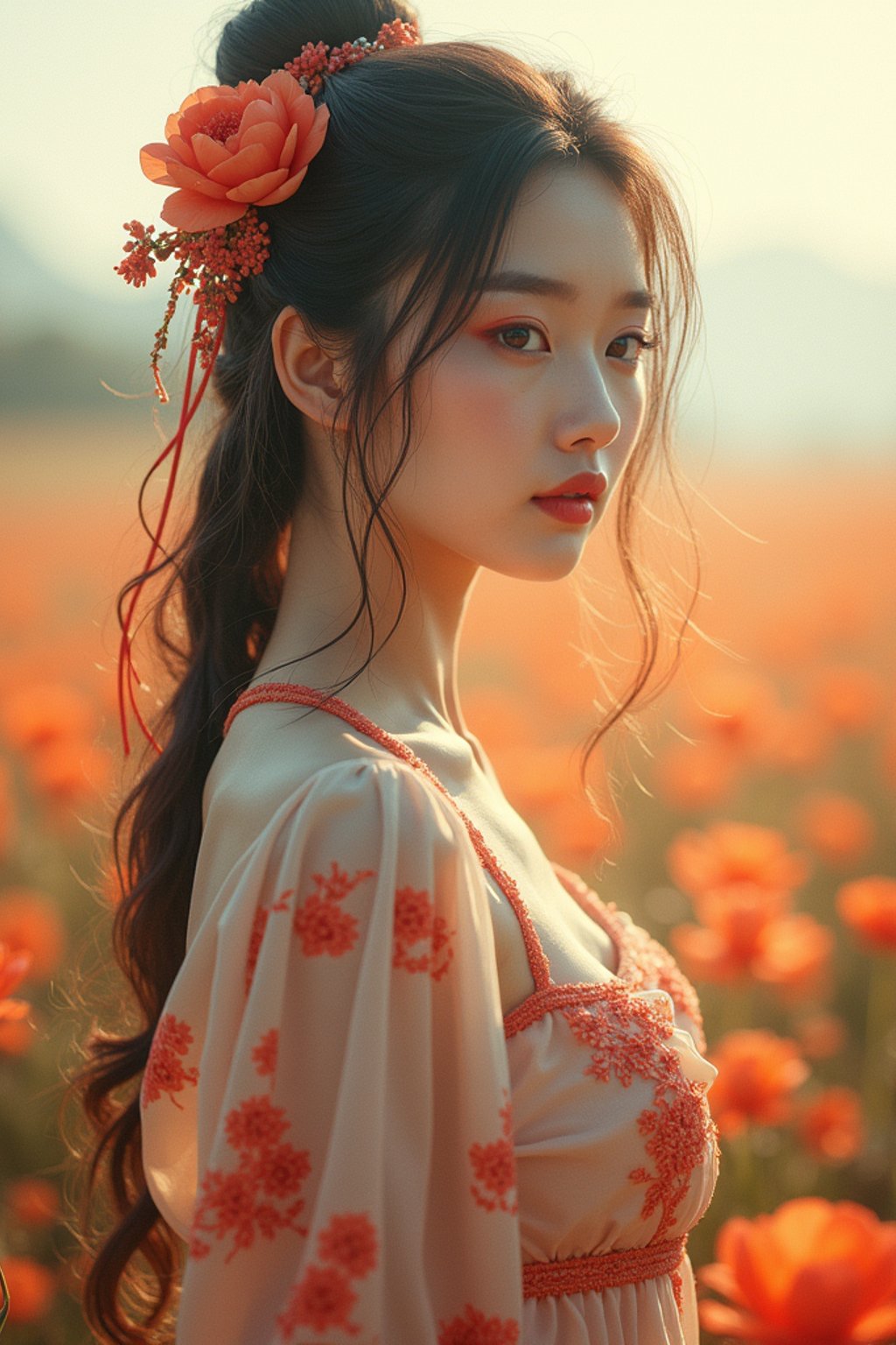 woman | standing in field full of flowers | detailed gorgeous face! ! | full body! ! | god rays | intricate | elegant | realistic | hyperrealistic | cinematic | character design | concept art | illustration | digital art | digital painting | depth of field