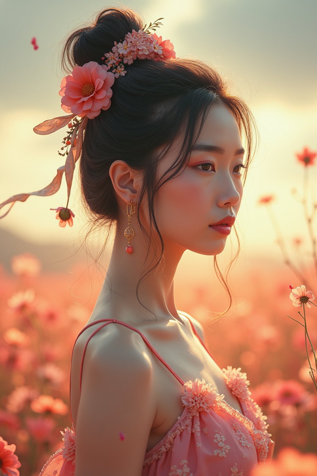 woman | standing in field full of flowers | detailed gorgeous face! ! | full body! ! | god rays | intricate | elegant | realistic | hyperrealistic | cinematic | character design | concept art | illustration | digital art | digital painting | depth of field