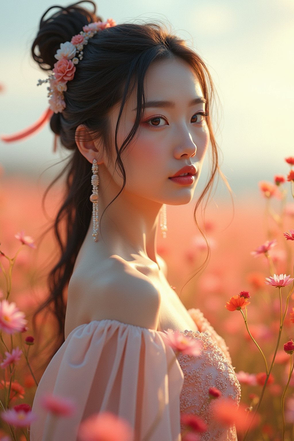 woman | standing in field full of flowers | detailed gorgeous face! ! | full body! ! | god rays | intricate | elegant | realistic | hyperrealistic | cinematic | character design | concept art | illustration | digital art | digital painting | depth of field